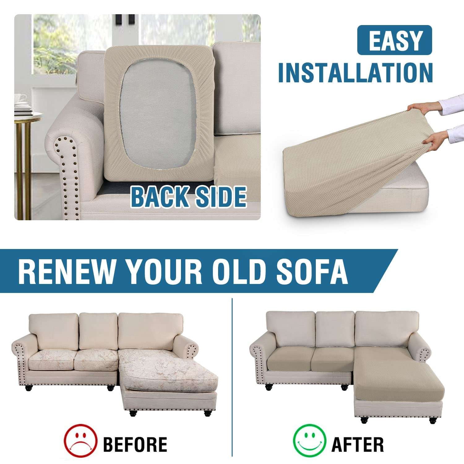 Turquoize 3-Piece Separate Slipcovers Textured Grid Stretch Non-Slip L Shape Sofa Seat Covers for Both Left/Right Sectional Couch (Seat Only: 1 Chaise + 2 Sofa,Island Fossi）