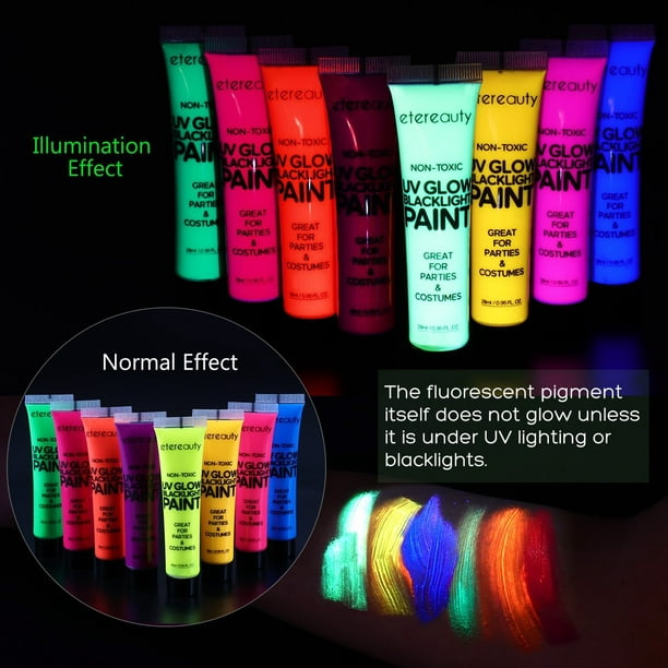 Body Paint - Set of 8 Tubes - Neon Fluorescent, ETEREAUTY Glow Blacklight  Face and Body Paint 1.0oz with 6 Brushes and a Mixing Palette 