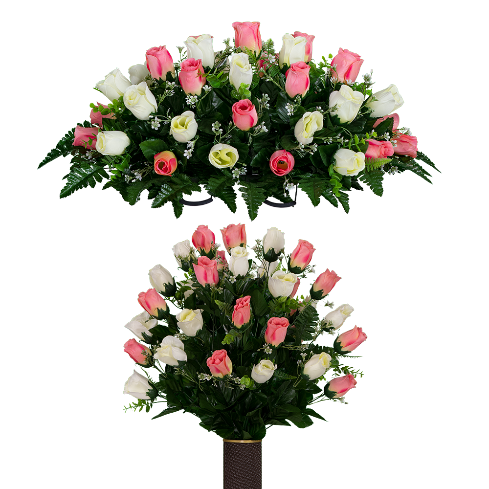 Sympathy Silks Artificial Cemetery Flowers Pink and Cream Rose Buds