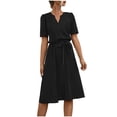thumbnail image 2 of Fartey Women's Formal Dresses 2025 Summer Short Sleeve Tie Waist A-Line Swing Dress Business Casual Solid Color V Neck Midi Dress Elegant Work Dress Black L, 2 of 8