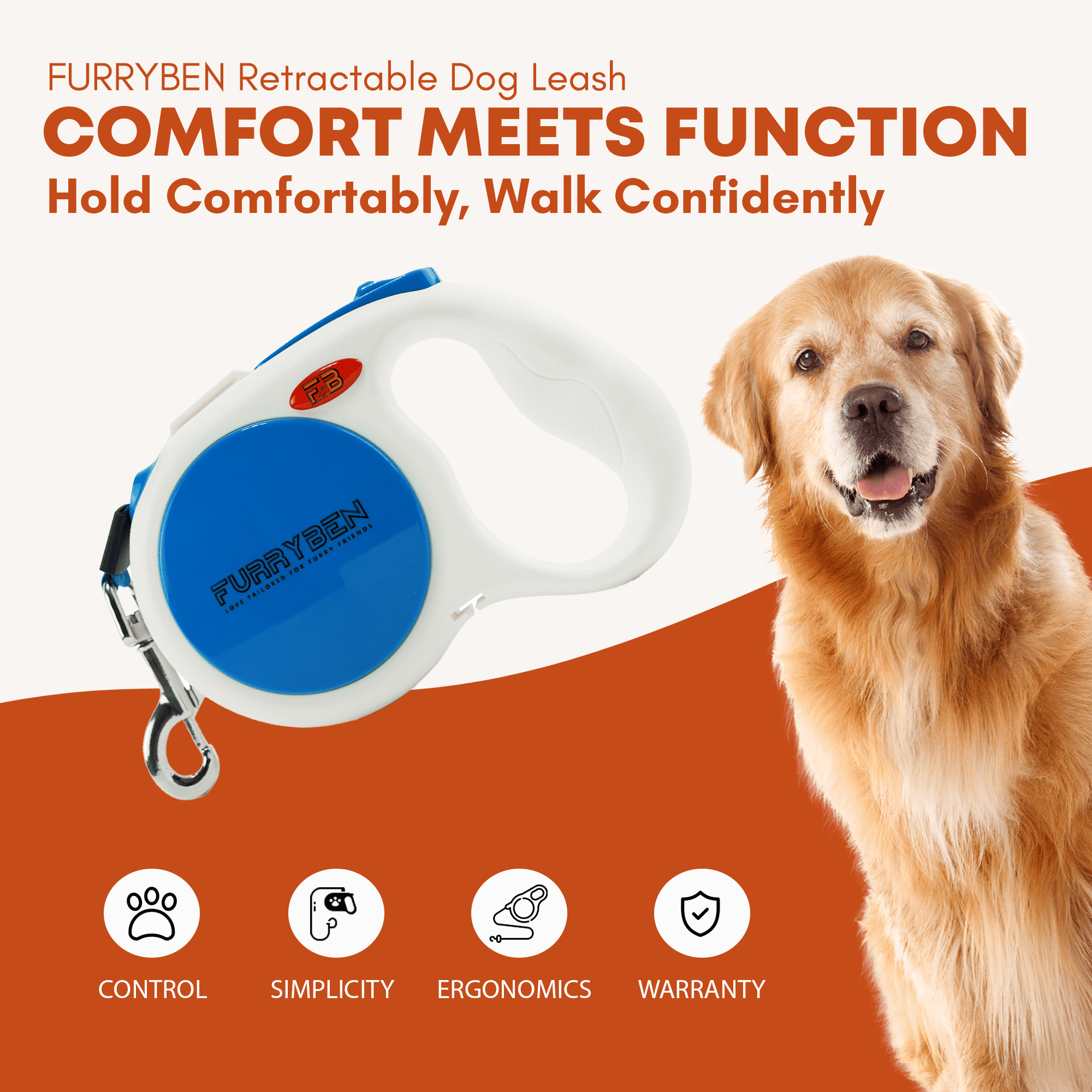 FURRYBEN Retractable Dog Leash | 16 ft Strong Nylon Tape | One-Click Brake, Pause, Lock (Blue)