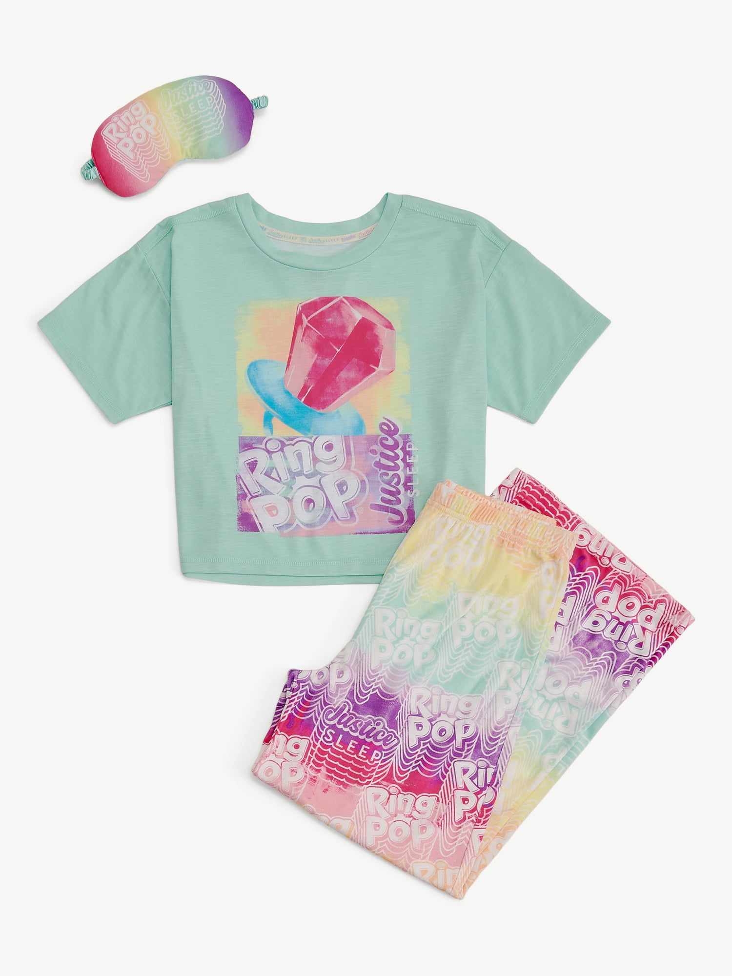Justice x Ring Pop Girls Short Sleeve Top and Pant Pajama Set with Eyemask, 3-piece, Sizes 5-18