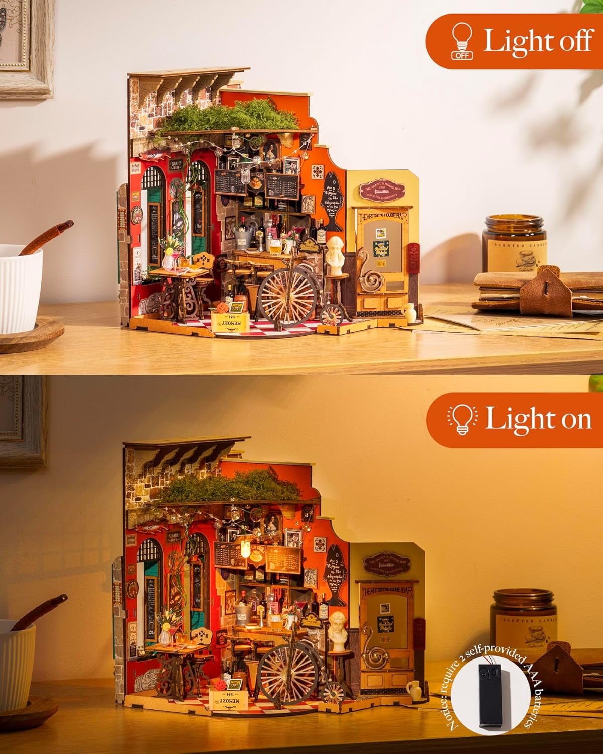 ROBOTIME Cheers Bar DIY Miniature House Kit,Mini Wooden Dollhouse Craft Kits,Tiny Home Model Building Sets for Desk Decor,Xmas Gifts for Adults Teens