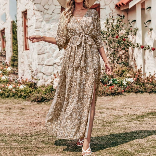 Vestido bohemio floral vestido largo con abertura lateral vestido de veranovestido de verano para mujer casual media manga boho impreso con cuello en