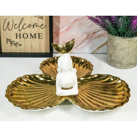 Ebros Mermaid With 3 Golden Clam Shells Jewelry Dish Holder Figurine Decor 9"L