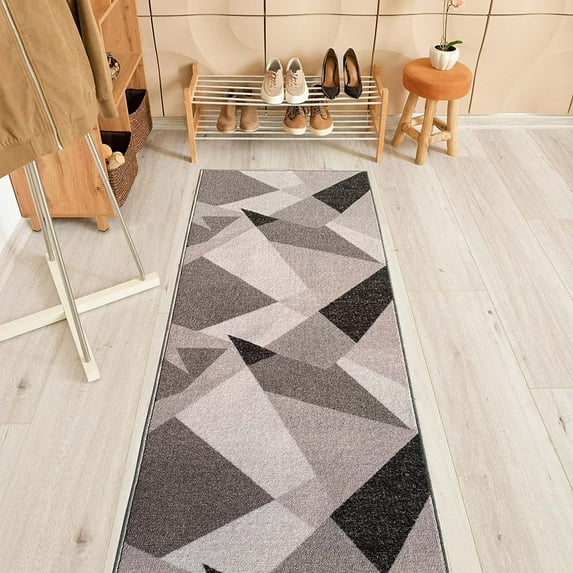 Custom Size Geometric Triangle Gray Color Design Non-Slip Rubber Backing- 31 Inch Wide by Your Choice of Length-Hallway Stair Runner Carpet