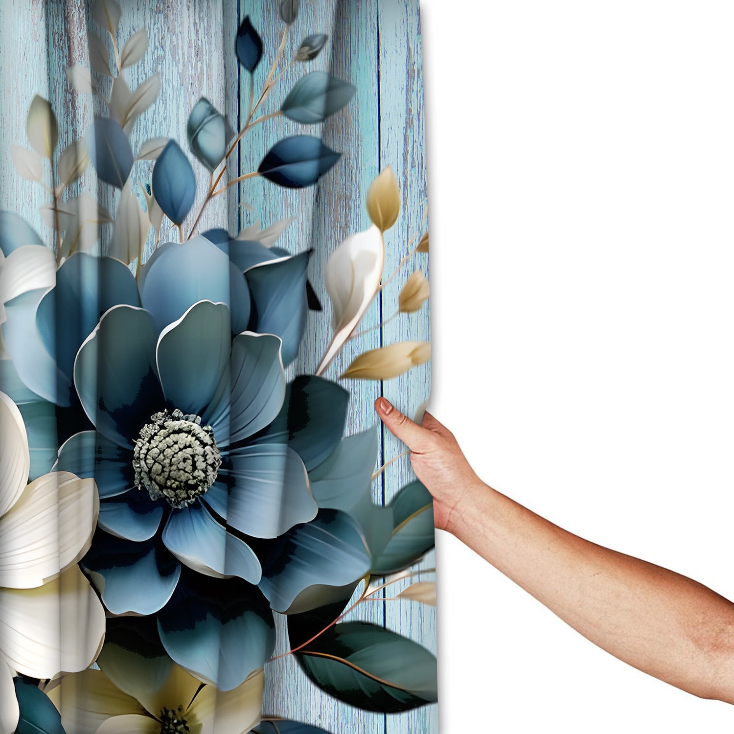 LVRLVR 1/4 Teal Floral & Distressed Blue Wood Fabric Shower Curtain Rug Set - 3D Flower Bath Mat Bathroom Decoration,Teal, 70.8" × 70.8"