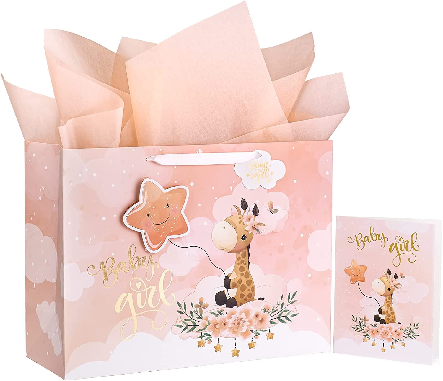 WRAPAHOLIC 16" Extra Large Baby Girl Gift Bag with Card and Tissue