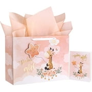 WRAPAHOLIC Extra Large Giraffe Gift Bag with Card and Tissue Paper, Baby Girl, 4 Piece, 16"