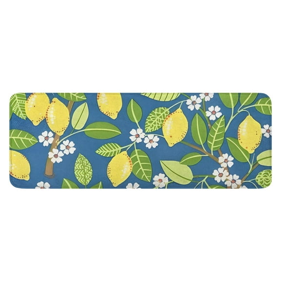 Yellow Lemon Fruit Flowers Blue Pattern Kitchen Rug Mat,Kitchen Runner Rugs Non Skid Washable,Decorative Kitchen Floor Mats for Kitchen,Sink,Laundry,17"x47.2"