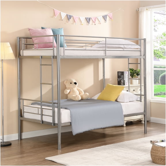 JERFIT Metal Twin over Twin Bunk Bed with Stairs, Space Saving Design for Bedroom, Silver Finish, No Box Spring Needed