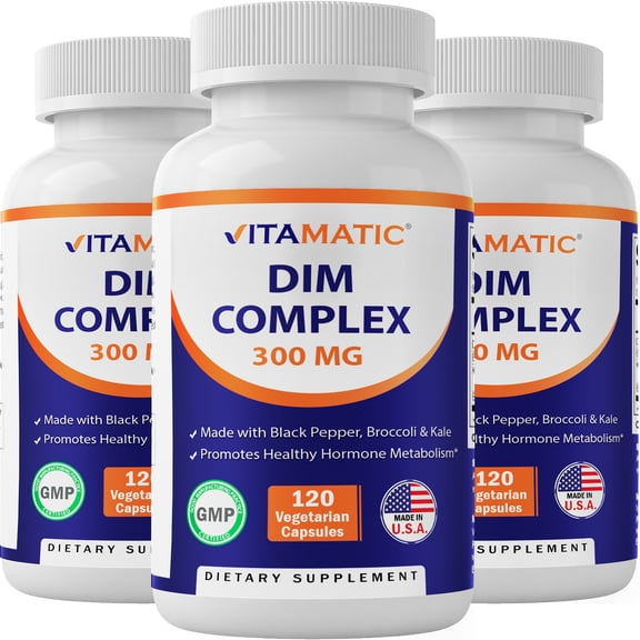 3 Pack Vitamatic DIM Supplement Complex for Women & Men - 300mg - 120 Veg Capsules - Made with Black Pepper, Broccoli Powder & Kale Powder - Non-GMO & Gluten Free - Supports Hormonal Balance