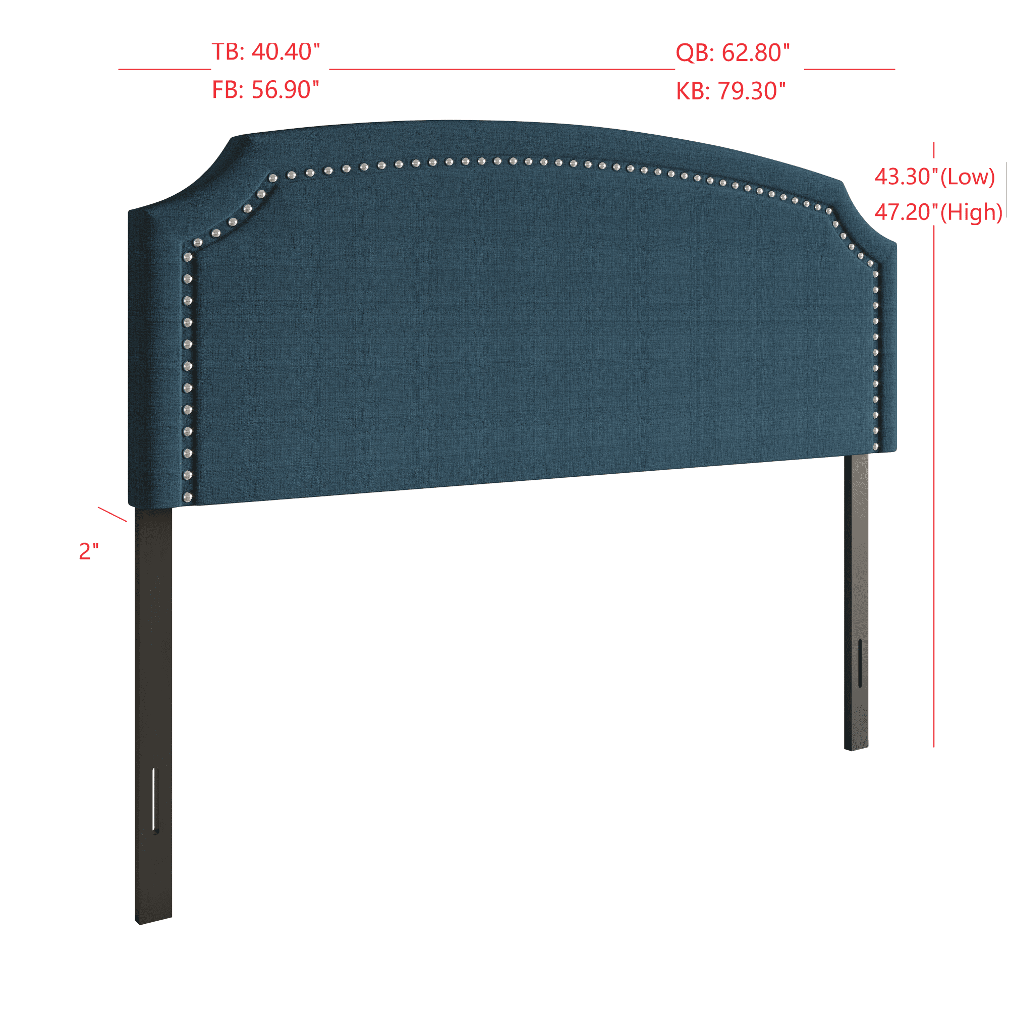 Home Design Bowie Queen Upholstered Headboard with Adjustable Height and Nailhead Trim, Denim Blue, Easy Assembly