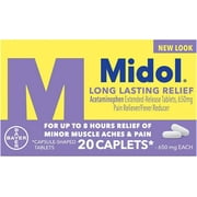 Midol Long Lasting Relief, with Acetaminophen, Pain Reliever & Fever Reducer, Menstrual Period Pain Symptoms, 20 Count (Pack of 4)