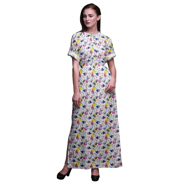 Bimba Robe d'Été Longue Maxi en Rayonne à Imprimé Géométrique Cercle et Triangle pour Femmes avec Fente Latérale - Medium