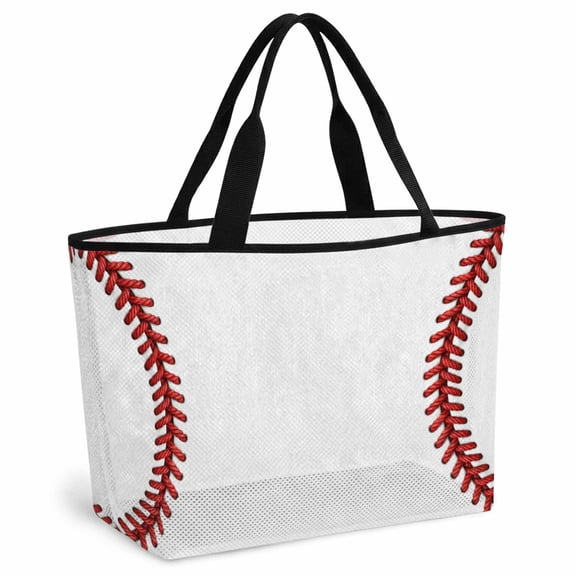 Baseball Sport Beach Bag for Women, Large Breathable Mesh Beach Tote Bag, Abstract Rugby Stitching Red Lines Sandproof Lightweight Travel Bags for Vacation Picnic Swimming Pool 15.7"x15.7"x9.1"