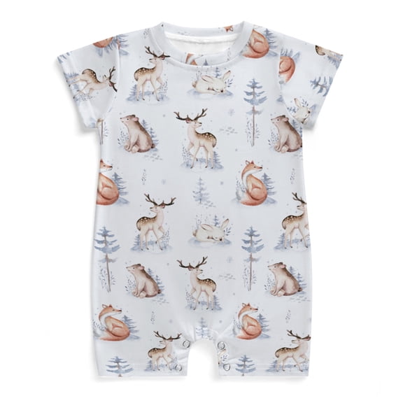 Woodland Animals Pine Forest Baby Romper Casual Summer Clothes Infant Baby Boy Girl Deer Fox Bear Bunny Trees Short Sleeve Jumpsuit Playsuit One Piece Outfit