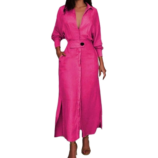 Vestido liso de mujer con cinturón, manga larga y escote en V profundo, poliéster y spandex, estilo informal y elegante, tallas S-XXXL