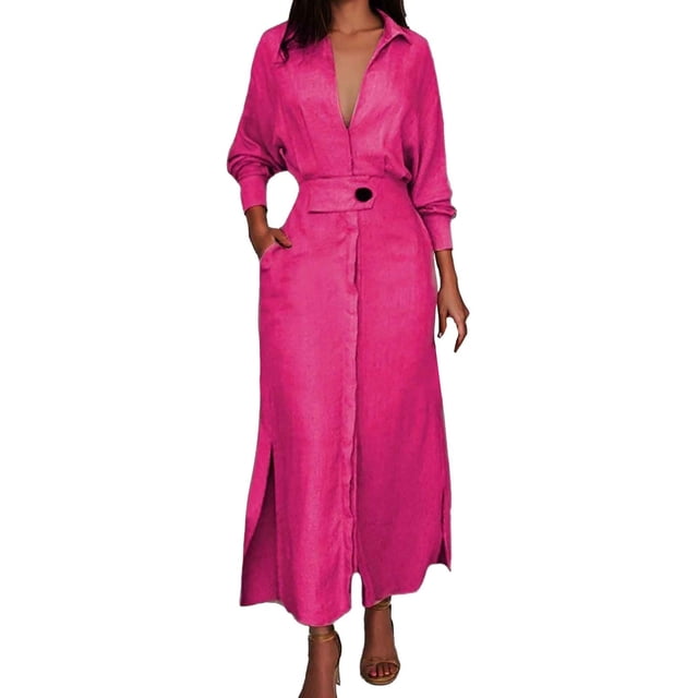 Vestido liso de mujer con cinturón, manga larga y escote en V profundo, poliéster y spandex, estilo informal y elegante, tallas S-XXXL