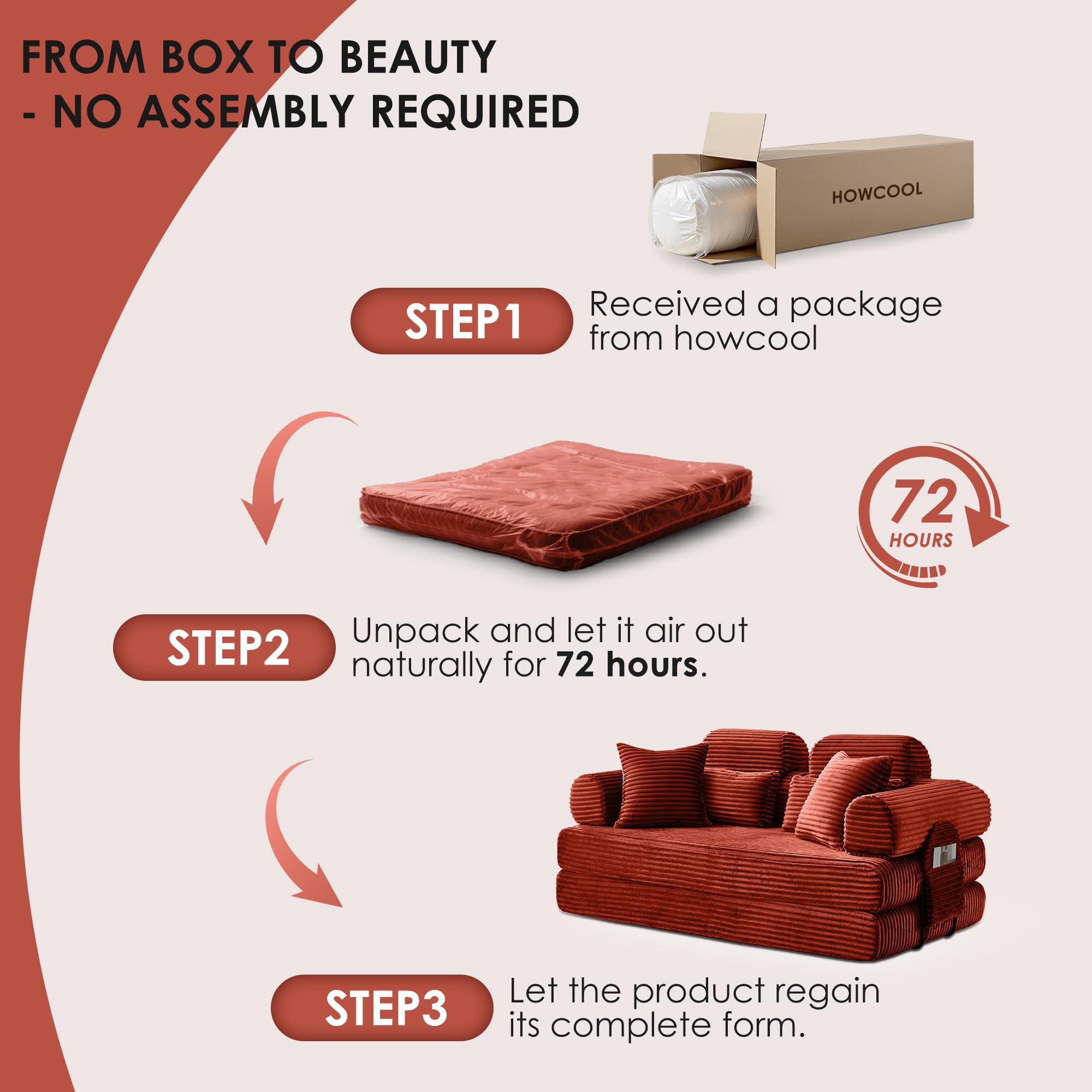 Howcool 78.5" Convertible Sleeper Sofa Bed, Corduroy Foldable Loveseat, Boneless Memory Foam Couch Bed for Living Room, Queen to King Size, No Assembly,Orange