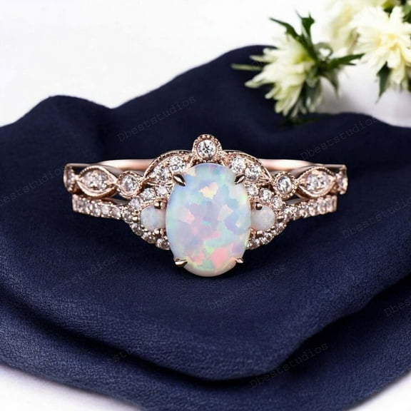 DBESTSTUDIOS 8x6 MM / Oval Cut Fire Opal Anniversary Ring Set Women Diamond Curved Band Bridal Matching Gift Band Art Deco Rose Gold Jewelry