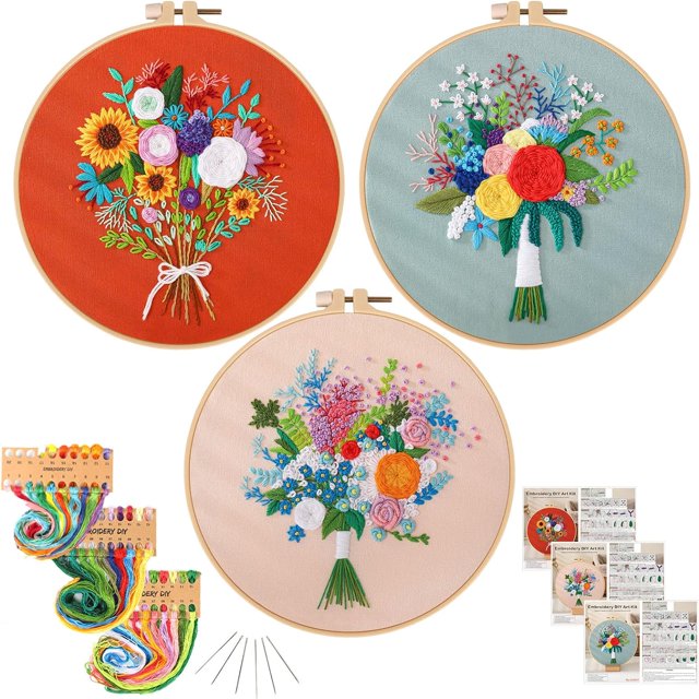 Kits de manualidades de bordado para adultos con estampado de punto de cruz para principiantes con patrones, divertidos kits de pasatiempos con aros de bordado e hilos de colores, manualidades para mu