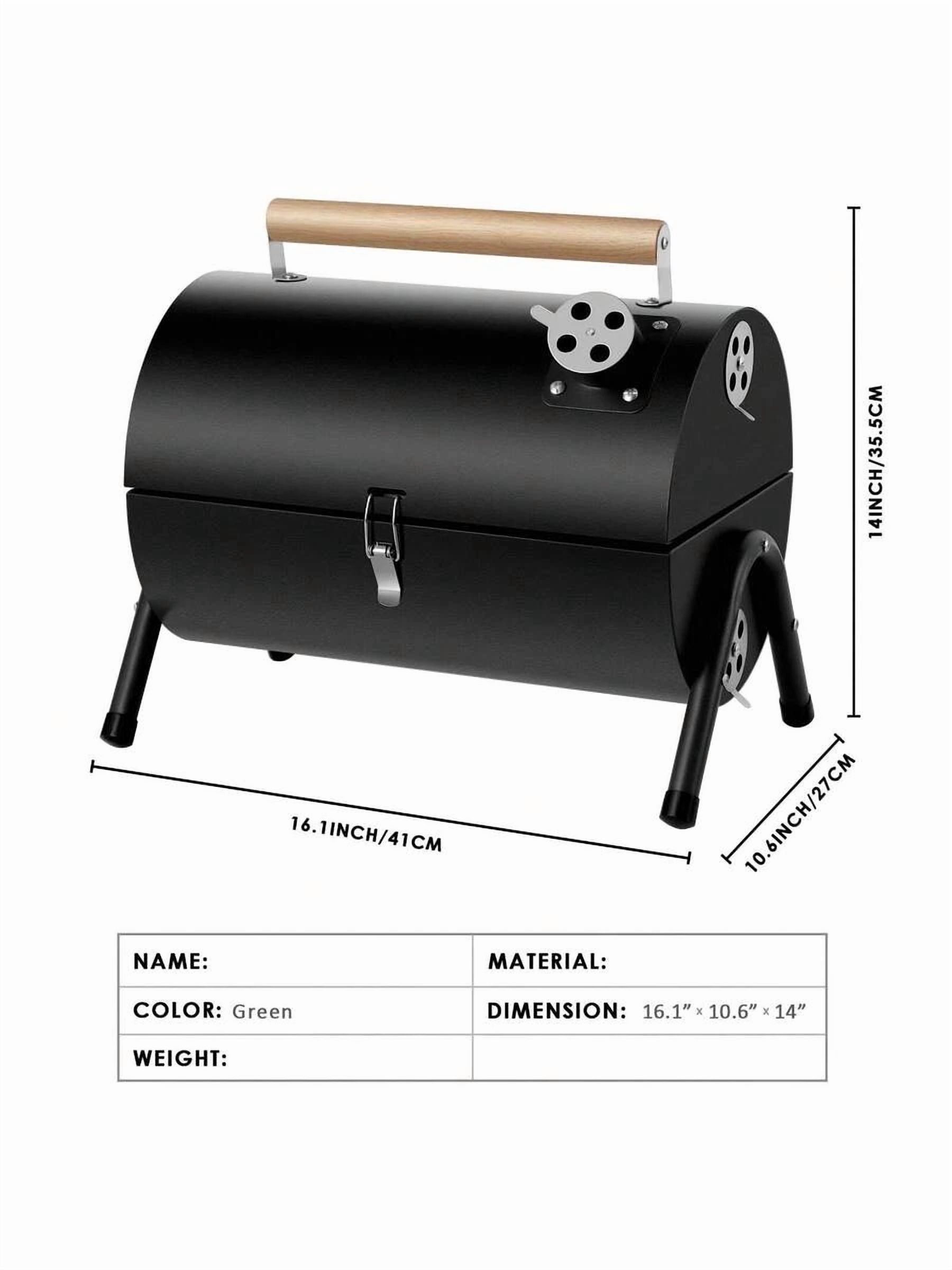 Compact Portable Charcoal Grill Barrel - Double Sided Collapsible Design, Great For Outdoor Cooking And Camping, Black Stainless Steel Smoker With Wooden Handle, Great For Grilling Shrimp