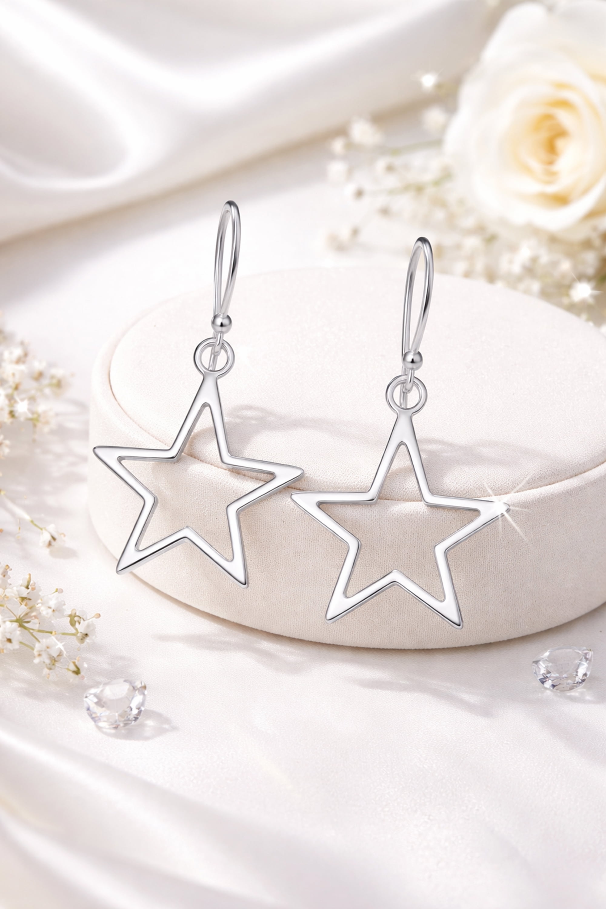 Symmetric Everyday 5 Point Shining Star .925 Sterling Silver Dangle Earrings