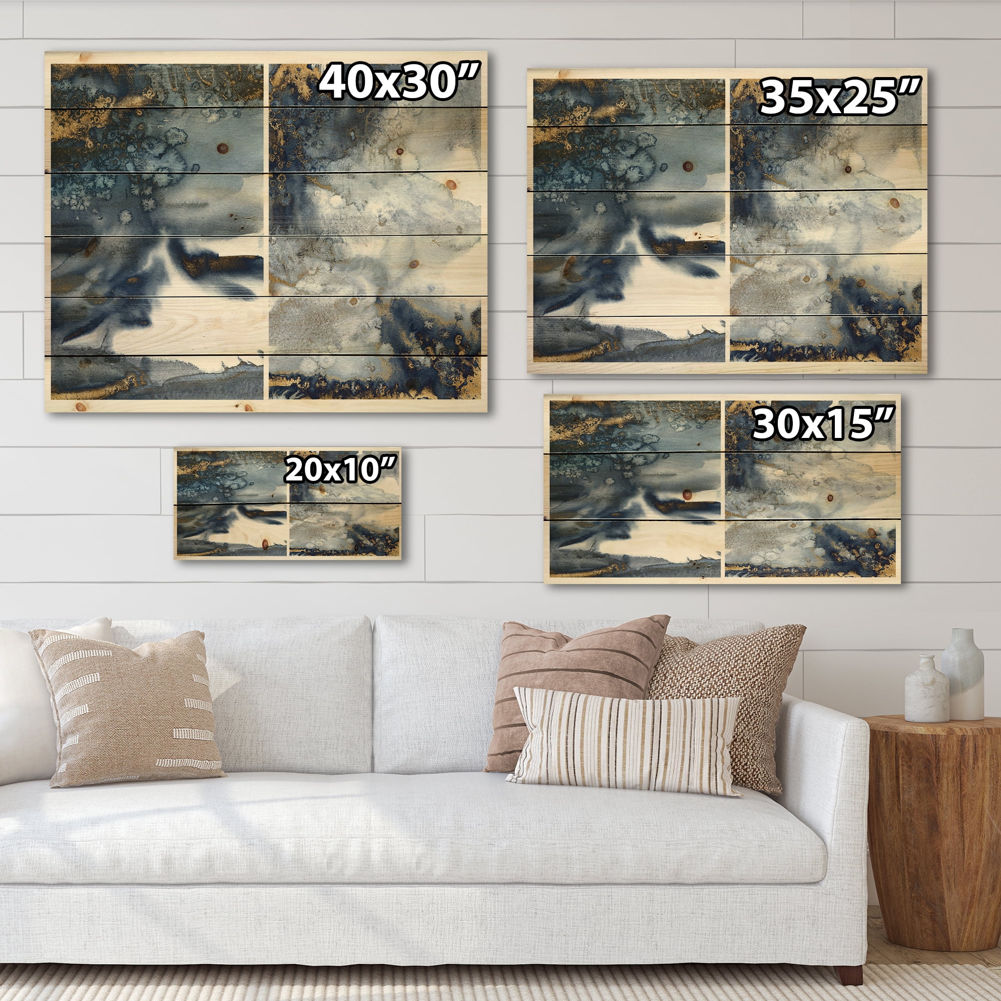 Designart 'Gold and Dark Blue Abstract Waves IV' Modern Print on Natural Pine Wood