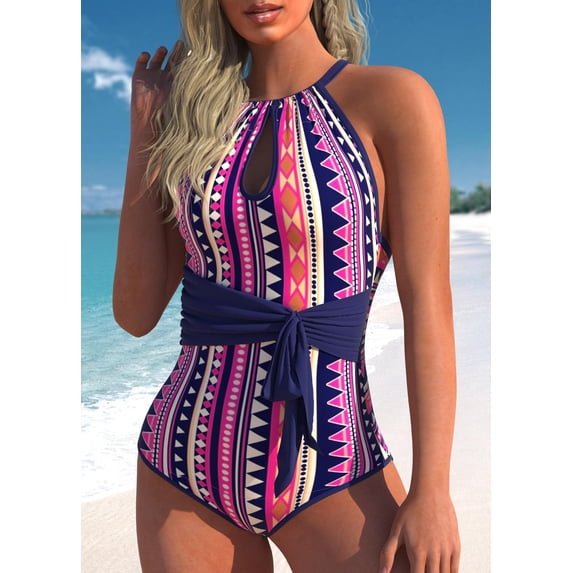 Melyum Plus Size Women Swimsuit Hollow One Piece Tummy Control Classic Prints Swimwear Lace Up Bathing Suits
