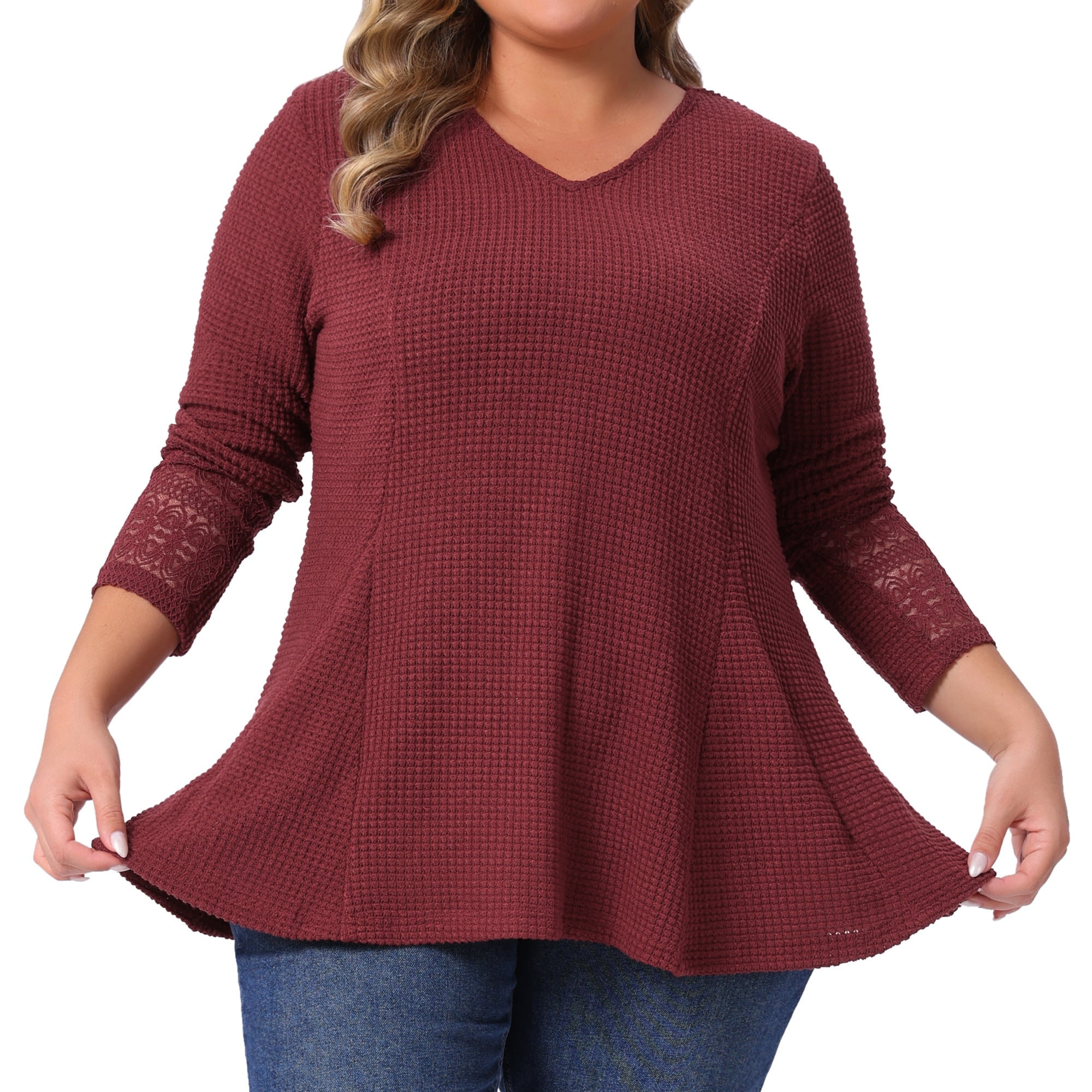 DARING DIVA Women's Plus Waffle Knit Tops V Neck Lace Patchwork Blouse 3X Brown Red