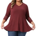 thumbnail image 2 of DARING DIVA Women's Plus Waffle Knit Tops V Neck Lace Patchwork Blouse 1X Brown Red, 2 of 6
