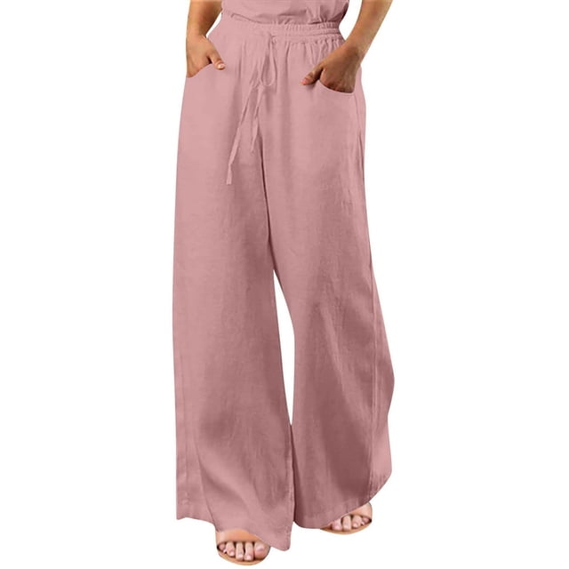 Women‘s Linen Wide Leg Pants Drawstring Elastic Waist Casual Palazzo Trousers with Pockets