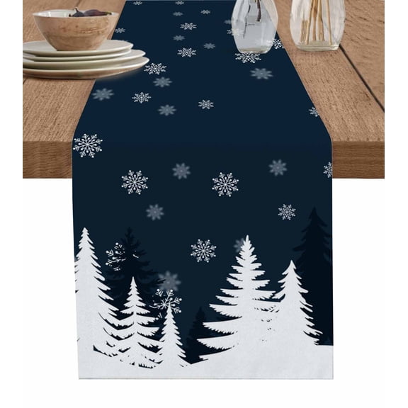Christmas Tree Table Runner 120 Inches, Xmas Pine Tree Winter Snowflakes Blue Bed Runner Dresser Scarves Tabletop for Indoor Outdoor Parties/Ceremony/Banquet, 13"x 120"