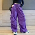 thumbnail image 2 of Staki School Pants For Girls Girls Cargo Pants Elastic Waist Drawstring with Pockets Pants(Purple,140/XL), 2 of 7
