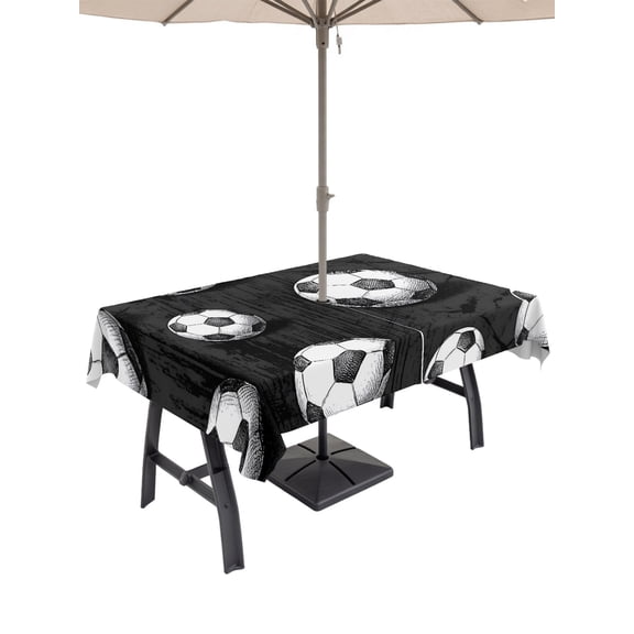 Outdoor Tablecloth with Umbrella Hole for Patio/Picnic/Party/Camping, Black Footballs Waterproof Table Cloth Rectangle Table Cover Washable, Balls Sports Games Retro Charcoal Texture (60"x 84")