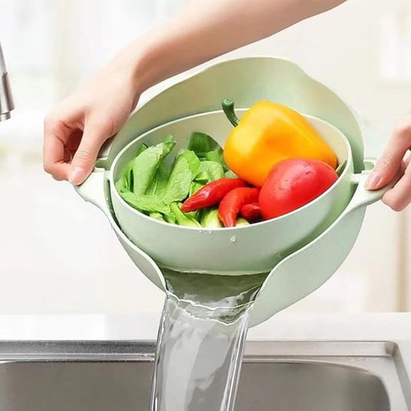 Double Layer Draining Basket, Rotating Vegetable Washing Strainer, 2 in 1 Kitchen Colander with Bowl, Fruit Washing Drainer for Home, Rice Rinsing Basin, Space-Saving Kitchen Gadgets