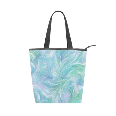 Large Capacity Canvas Tote Bag with Zipper Durable Canvas & Leather Shoulder Handbag All-over Print Tote for Work Commuter Shopping Travel Aqua Swirl Feather Design