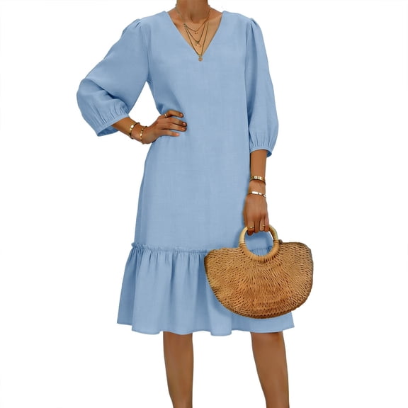 VEKDONE Women Cotton Linen Tshirt Dresses Fashion 3/4 Puff Sleeves V-Neck Patchwork Dress Solid Color Baggy Comfy Pleated Dress Vacation Beach Dresses Blue S
