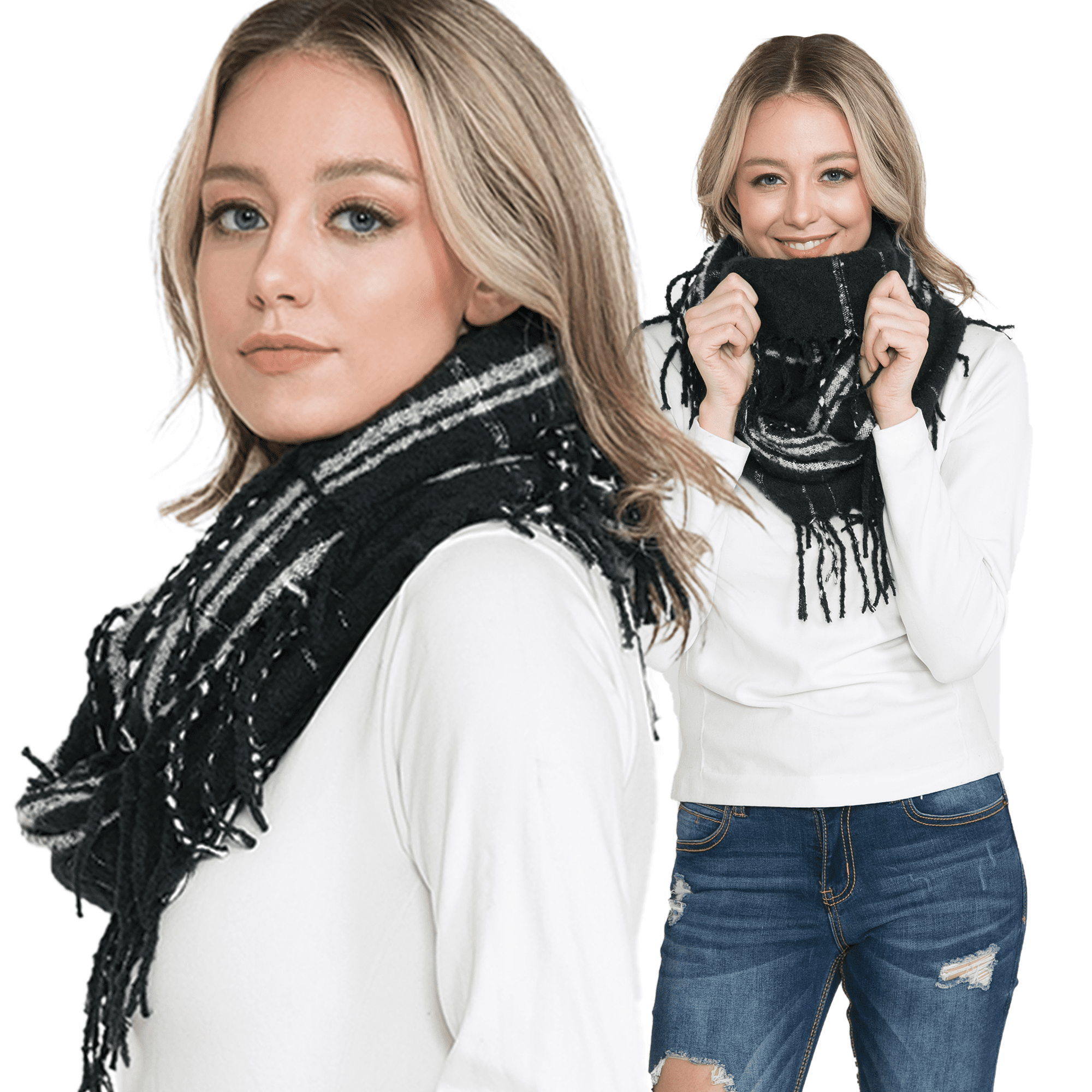 Basico Knit Infinity Scarf | Winter Scarf for Women | Black Plaid Ivory Scarves Set
