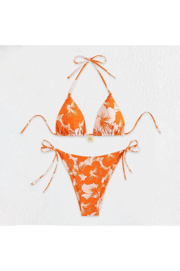Women Swimsuits Triangle Bikini Set String Swimsuit Print Tie Smocked Ruched Two Piece Bathing Suit