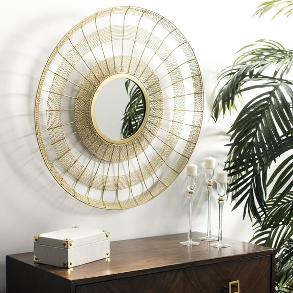 SAFAVIEH Acton 28 in. Metal Wired Striped Round Mirror, Shiny Brass