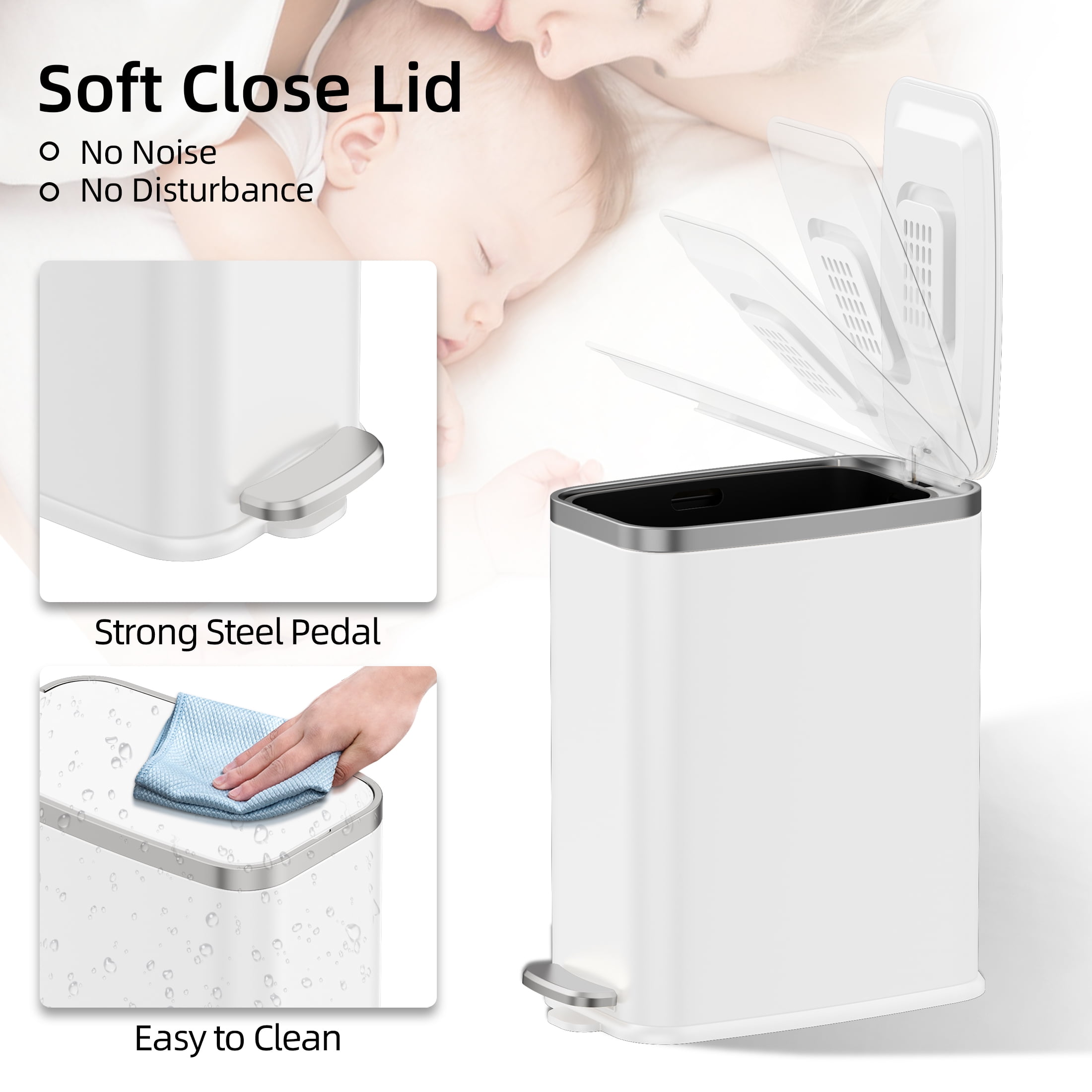 KSSKSS 1.6 Gallon/6L Slim Stainless Steel Bathroom Trash Can with Lid, Soft-Close Small Garbage Bin for Narrow Spaces, White