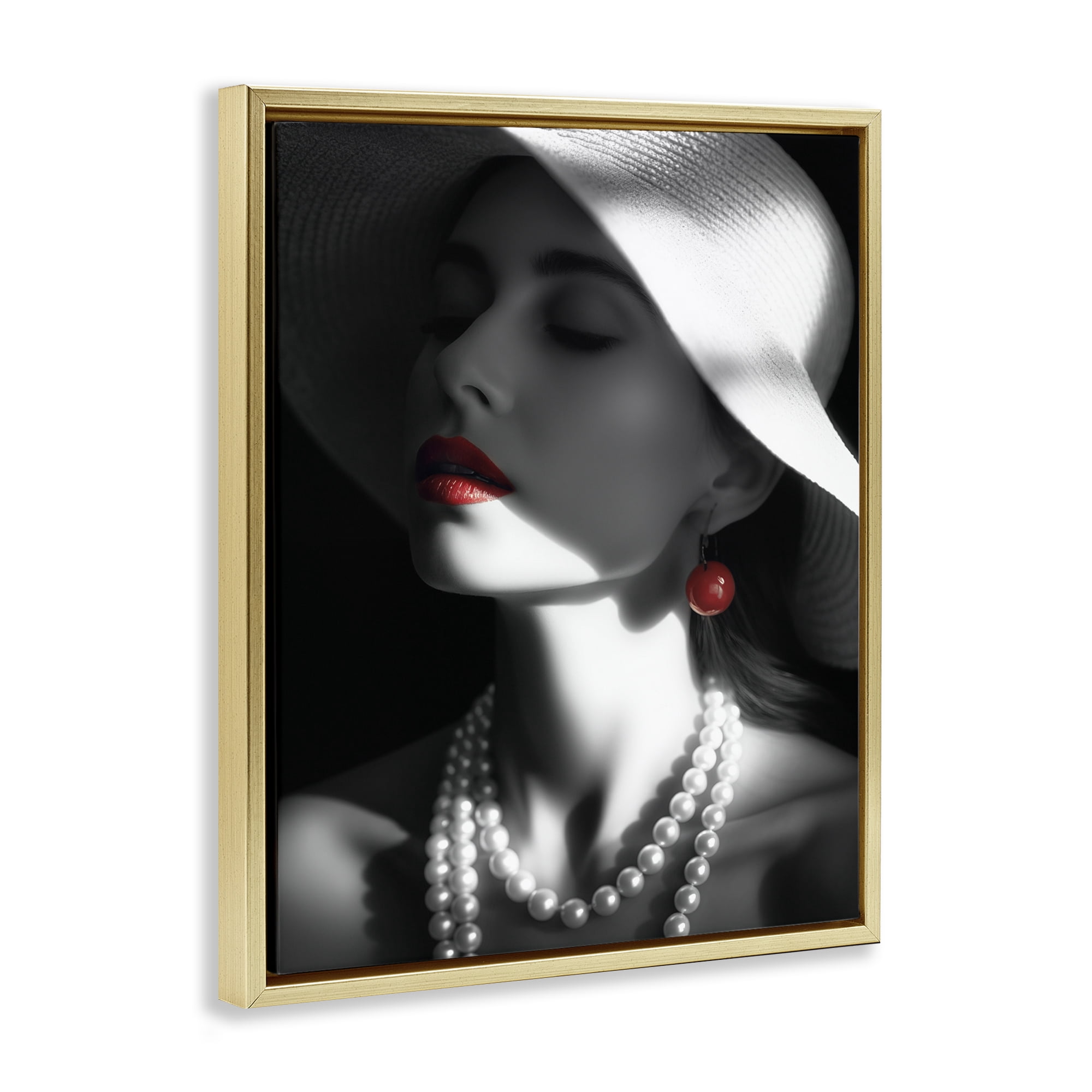 Stupell Industries Red Lipstick Fashionista Novelty Painting Gold Floater Framed Art Print Wall Art, 17 x 21