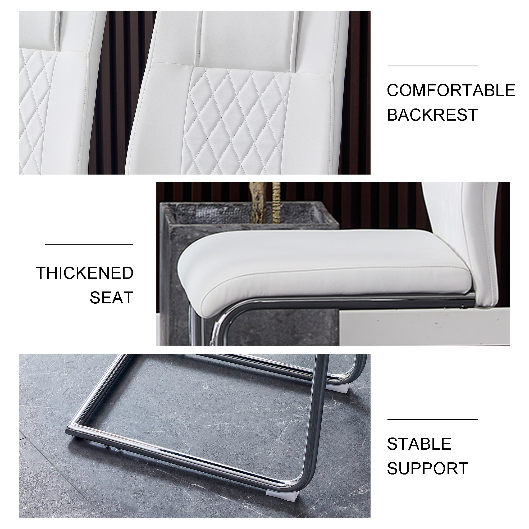 NYEESS Set of 4 White High Back Dining Chairs Armless with Waterproof Faux Leather Upholstered Seat Chrome Metal Legs for Kitchen Dining Room