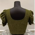 thumbnail image 2 of Women's Olive Green Textured Puff Sleeve Stretch Blouse – Elegant Crop Top for Party & Festive Wear, 2 of 2