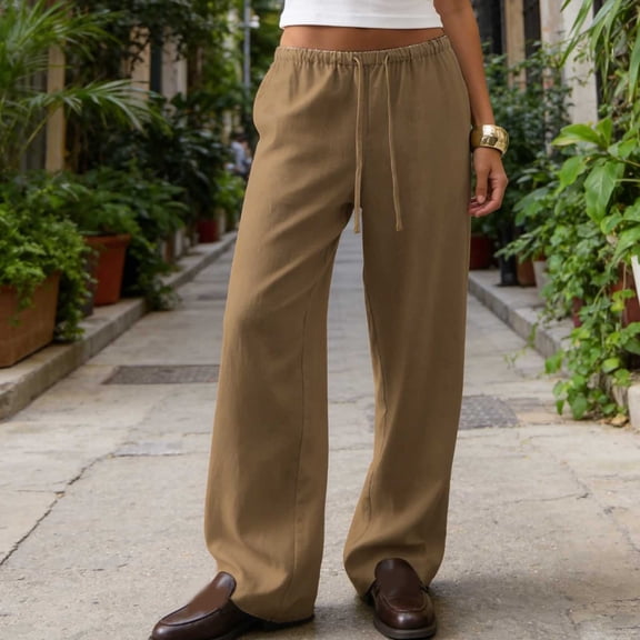 Tqcoqu Wide Leg Palazzo Pants for Women Casual Loose Drawstring Trendy Beach Linen Trousers with Pockets Vacation,Brown,Women's S-XXXL