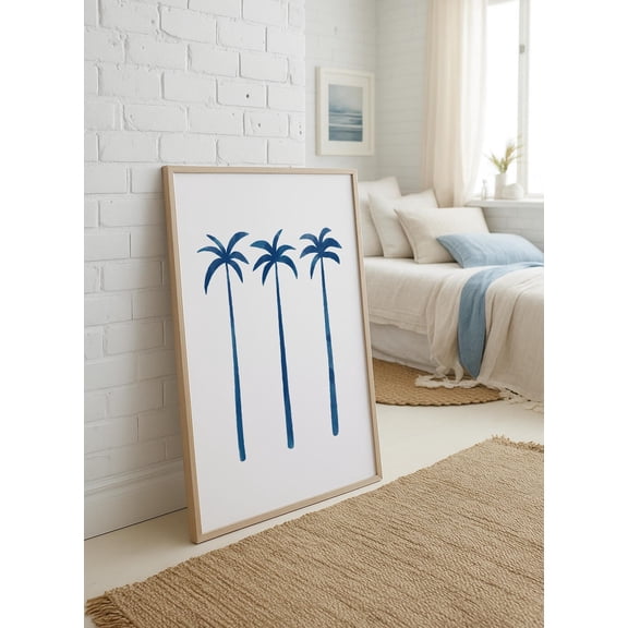 Palm Tree Wall Art Print, Minimalist Nautical Aesthetic, Coastal Beach House Decor, Tropical Blue Summer Artwork Home Decor #4118, Unframed Poster Size 8x12