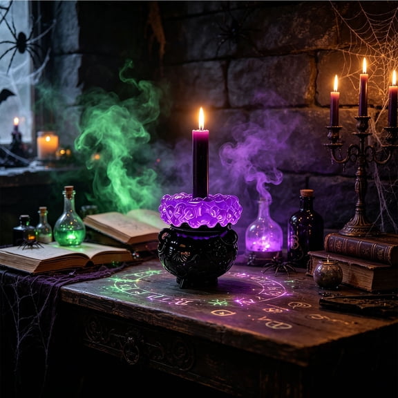 Halloween Witch Cauldron Candle Holder, LED Color Changing Mist Bubbling Decor Stand, Embossed Skull Bat Cauldron Ornament Tabletop Centerpiece For Home Indoor Halloween Themed Party