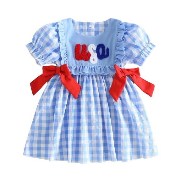 Staki Toddler Girls 4th of July Dress Embroidery USA Flag Smocked Dresses Memorial Day Outfit Baby Girl Patriotic Clothes,18-24 Months